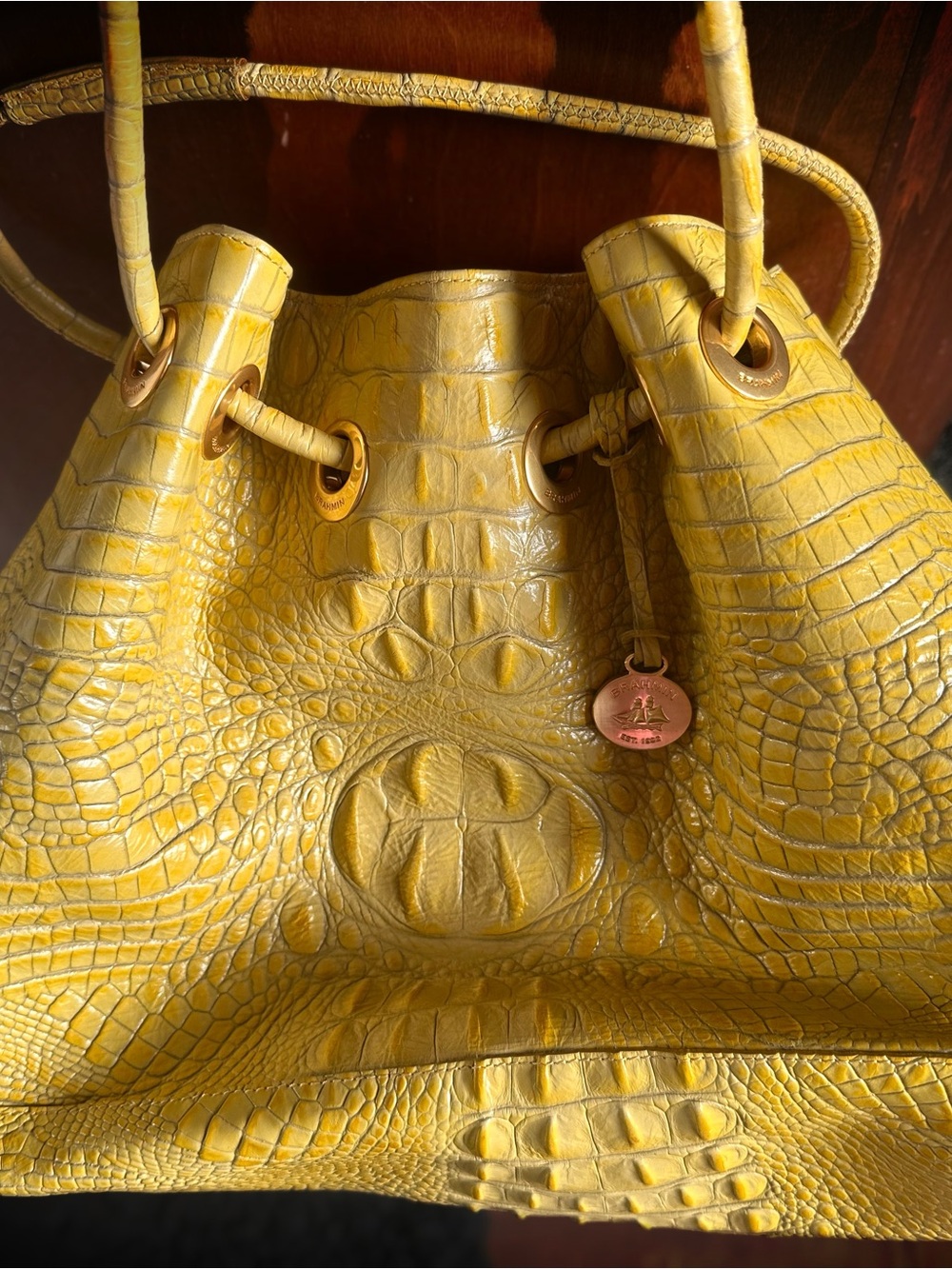 Brahmin Yellow Croc-Embossed Drawstring Hobo- EUC. Vintage - Picture 7 of 11